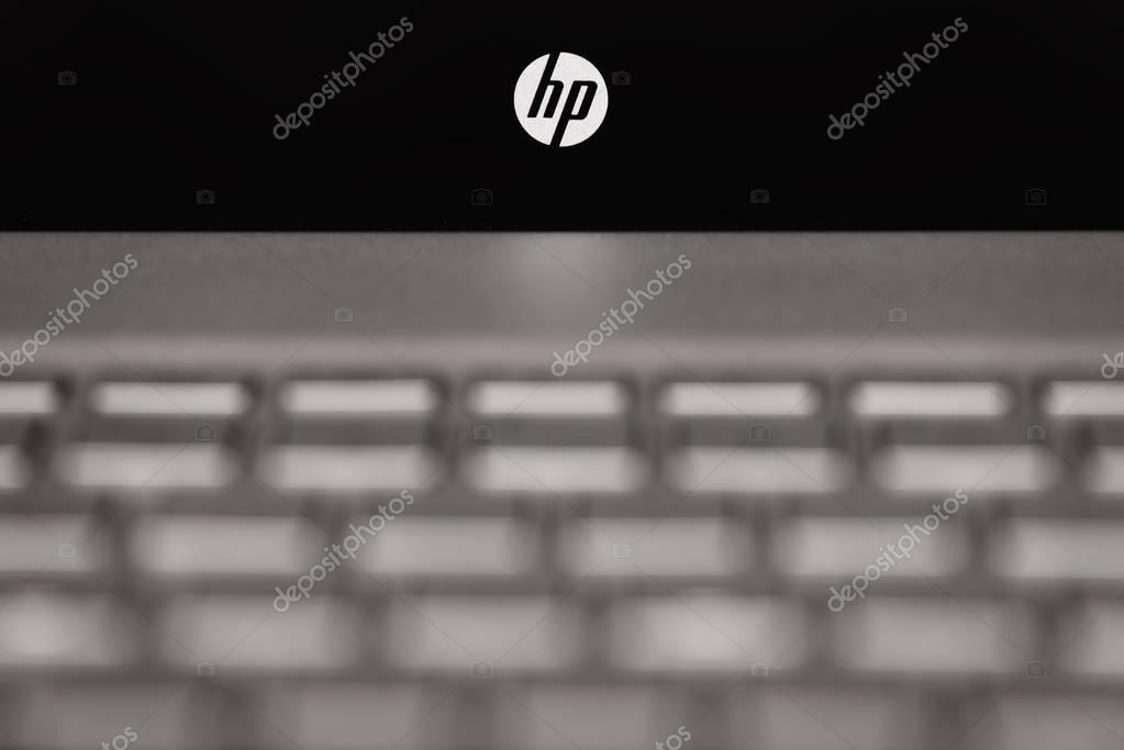 Kyiv, Ukraine - November 18th, 2016: HP Logo on the gray Laptop
