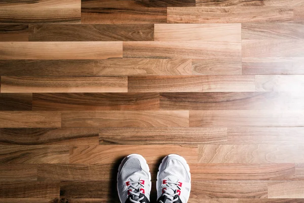 Sneakers Wooden Background Top View — Stock Photo, Image