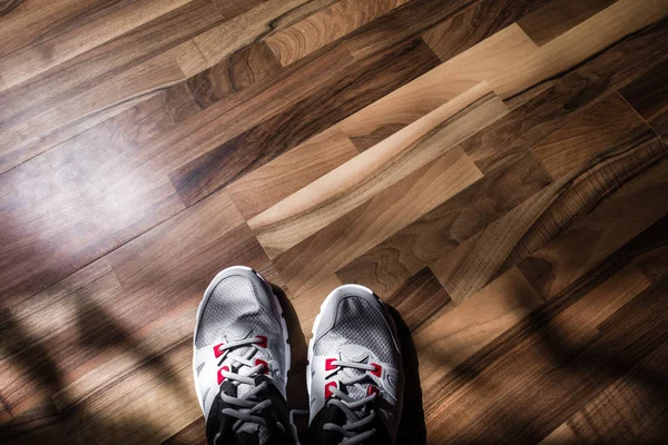 Sneakers Wooden Background Top View — Stock Photo, Image