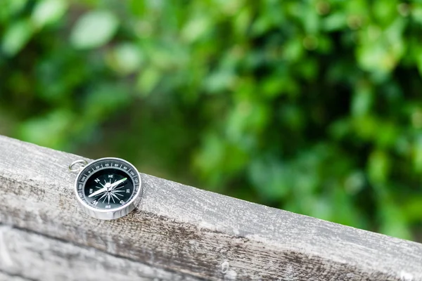 Compass and map on a green leaves. Top view