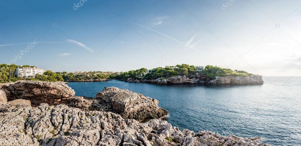 Panoramic view of mountains in Spain. Beautiful landscape with sea view at sunrise.