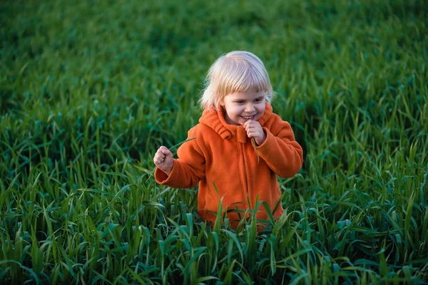 Çimenlerin üzerinde oynayan mutlu çocuk — Stok fotoğraf