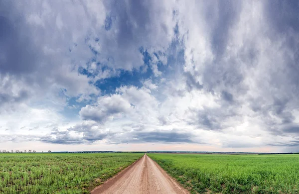 Estrada rural vazia através de campos — Fotografia de Stock