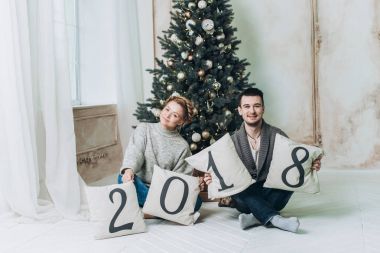 Mutlu, güzel çift yastık 2018 sayılarla elinde tutar. Noel ve yeni yıl kavramı