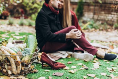açık havada sonbaharda poz genç güzel Çift 