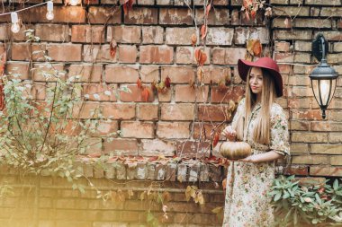 açık havada kırmızı şapka poz güzel sarışın kadın 