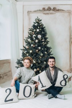 Mutlu, güzel çift yastık 2018 sayılarla elinde tutar. Noel ve yeni yıl kavramı