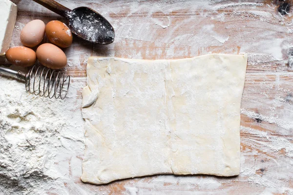 Ingredienser För Matlagning Bakning Mjöl Degen Trä Bakgrund — Stockfoto