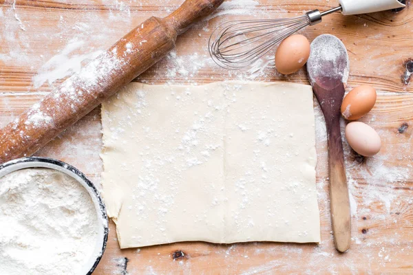 Ingredienser För Matlagning Bakning Mjöl Degen Trä Bakgrund — Stockfoto