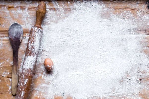 Ingredienser För Matlagning Bakning Mjöl Degen Trä Bakgrund — Stockfoto