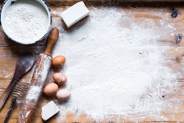Ingredienser För Matlagning Bakning Mjöl Degen Trä Bakgrund — Stockfoto