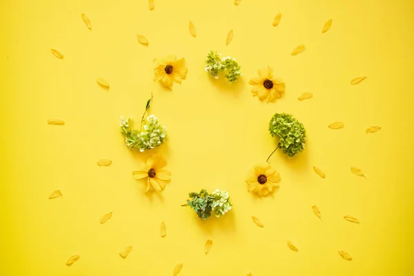 Fresh flowers scattered on a yellow background.- Copy space in t