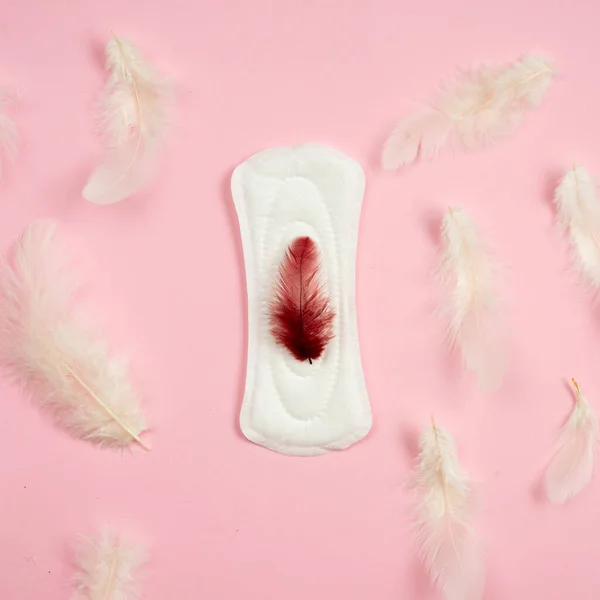 One pads with red  feather in the centre, white feathers on pink — Stock Photo, Image