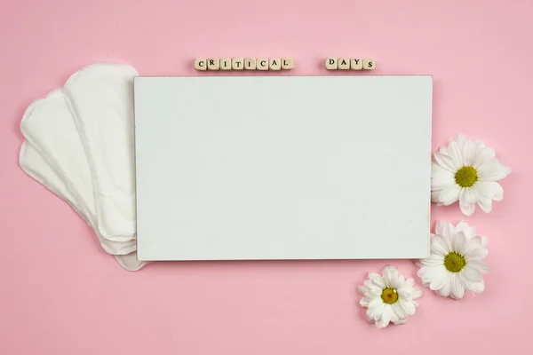 Cuscinetti femminili e pezzo di carta bianco su sfondo rosa Fotografia Stock