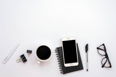 Top view office white  desk. - Copyspace