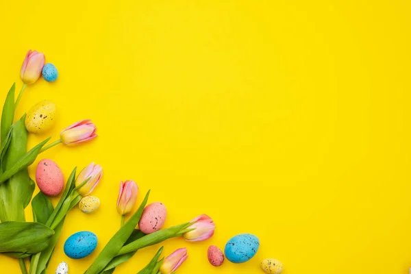 Tulips and colorful eggs — Stock Photo, Image