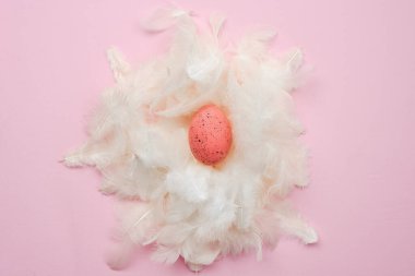 Easter background, multi-colored eggs in a nest lie on a white t