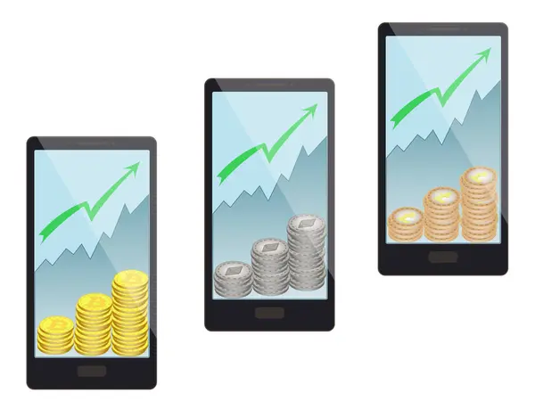 Acquisto di monete in uno smartphone su sfondo bianco, bitcoin, ethereum, litecoin — Vettoriale Stock
