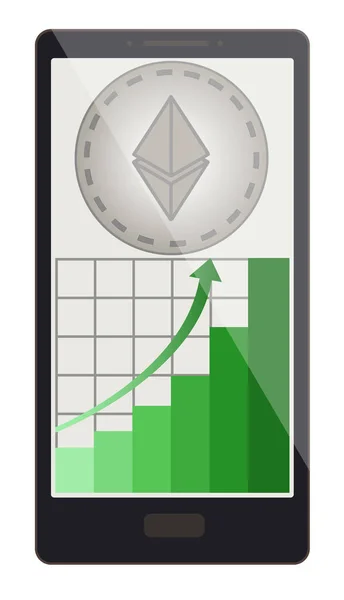 Ethereum coin with growth graph on a phone screen — Stock Vector