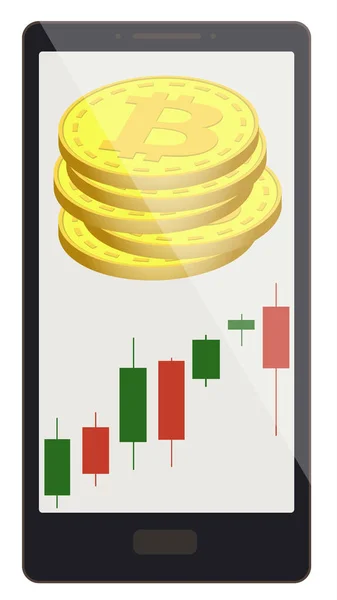 Bitcoin pièces avec graphique chandelier sur un écran de téléphone — Image vectorielle