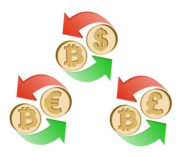 Cambio bitcoin a dólar, euro y libra británica — Vector de stock