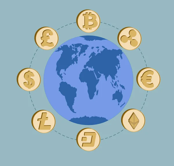 暗号通貨と地球の周りの通貨コイン — ストックベクタ