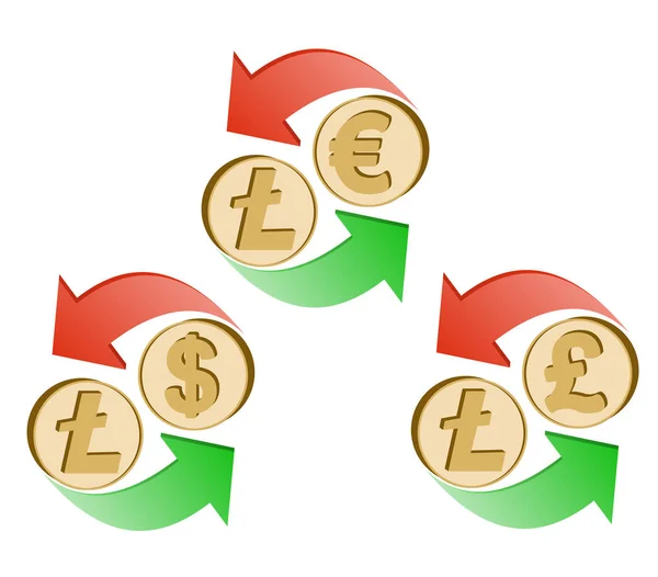 Cambio litecoin a dólar, euro y libra británica — Vector de stock