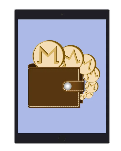 Geldbörse mit Monero-Münzen auf einem Tablet-Bildschirm — Stockvektor