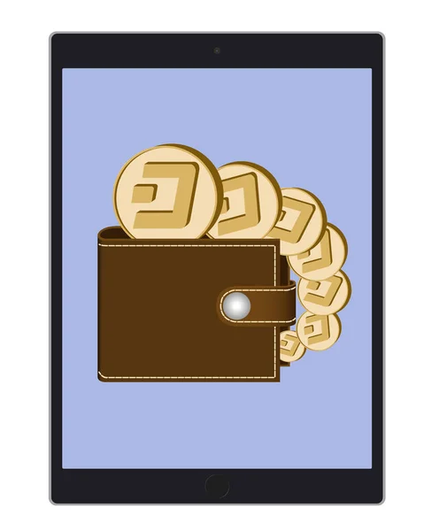 Brieftasche mit Dash-Coins auf einem Tablet-Bildschirm — Stockvektor