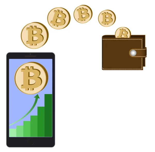 Overdracht bitcoin munten uit de telefoon in de portefeuille — Stockvector
