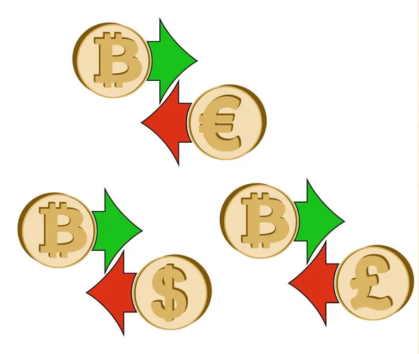 Cambio bitcoin a dólar, euro y libra británica — Vector de stock