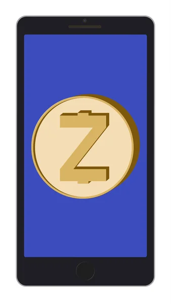 Zcash coin on a phone screen on white background — Stock Vector