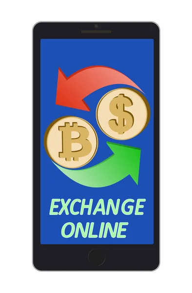 Exchange bitcoin dollár a telefon képernyőjén — Stock Vector