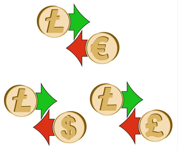 Výměna litecoin dolar, euro a britská libra — Stockový vektor