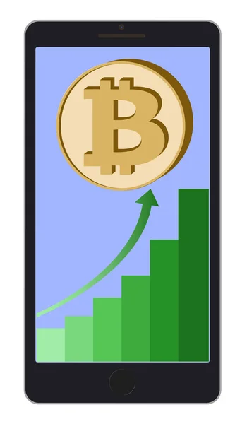 Bitcoin con gráfico de crecimiento en una pantalla del teléfono — Vector de stock