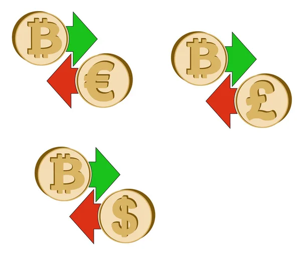 Cambio bitcoin a dólar, euro y libra británica — Vector de stock