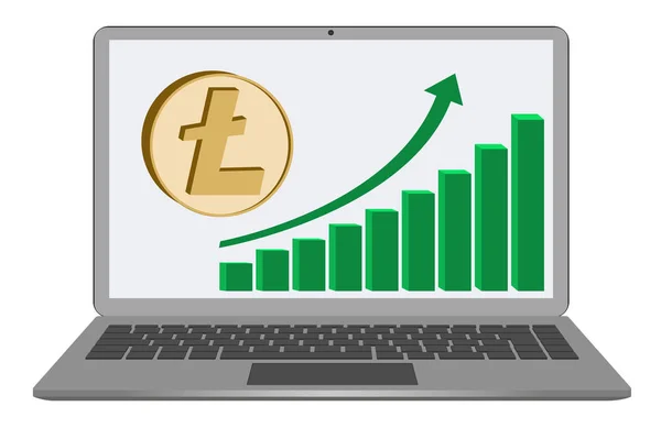 Litecoin moneda con carta de crecimiento en una pantalla portátil — Vector de stock
