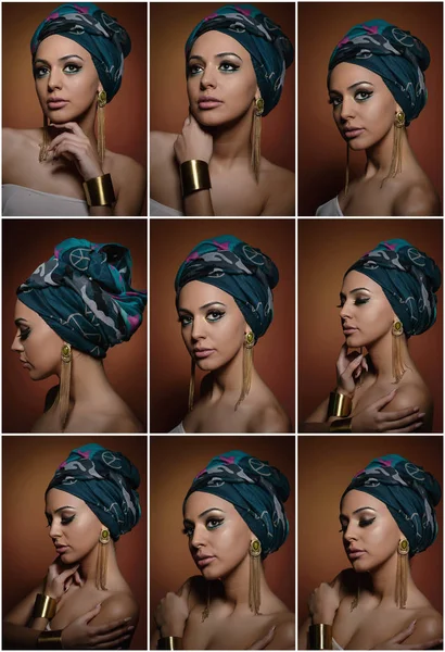 Schöne Frau in einem Turban.junge schöne Frau mit Turban und goldenen Accessoires. Schönheit modische Frau mit Haaren in Turban gehüllt. hübsches kaukasisches Model mit Ohrringen posiert im Studio. — Stockfoto