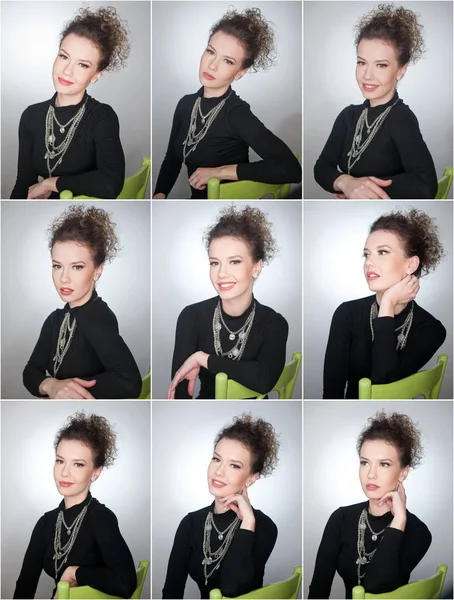 Portrait d'un superbe mannequin à la mode assis sur une chaise verte, prise de vue en studio. Gros plan portrait de jeune belle femme aux cheveux bouclés. Belle femme avec chemisier col tortue noir isolé sur fond gris — Photo