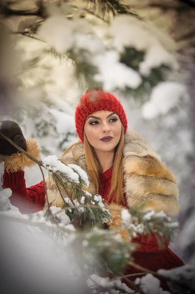 Hermosa mujer en rojo con capa de piel marrón disfrutando del paisaje de invierno en el bosque. Chica rubia posando bajo ramas cubiertas de nieve árboles. Joven hembra con copos de nieve alrededor en día frío brillante, maquillaje —  Fotos de Stock