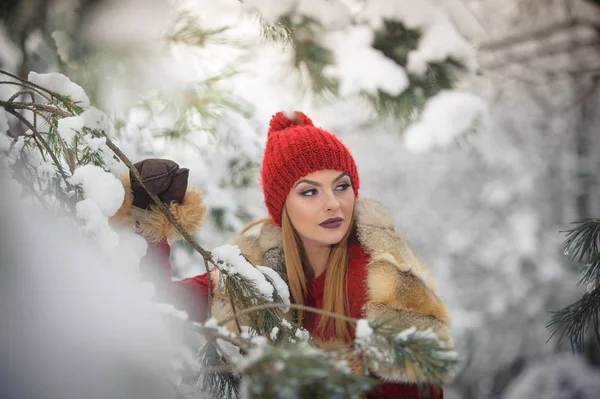 Mulher bonita em vermelho com capa de pele marrom desfrutando da paisagem de inverno na floresta. Menina loira posando sob ramos de árvores cobertas de neve. Jovem fêmea com flocos de neve em torno de dia frio brilhante, maquiagem — Fotografia de Stock