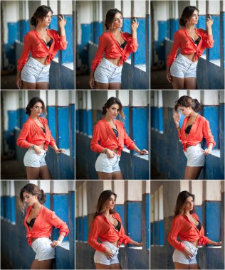 Kırmızı gömlek ve beyaz şort sütunlarla mavi eski salonu poz güzel kızla. Çekici uzun saçlı esmer siyah sutyen penceresinde ile. Güzel gözlü siyah saçlı genç kadın