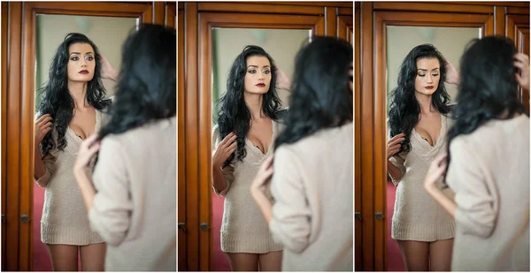 Attractive sexy brunette half naked posing provocatively . Portrait of sensual woman in classic boudoir scene. Woman with long hair posing in front of a wall mirror, indoors shot. Fashionable model. — Stock Photo, Image