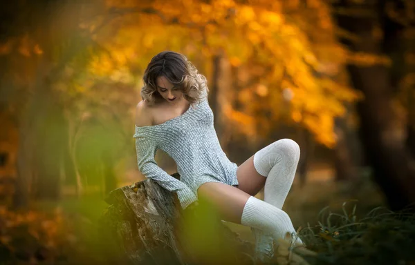 Smyslná dívka s dlouhýma nohama sedí na pařezu v podzimní scéně. Dlouhé nohy atraktivní blondýnka s kudrnatými vlasy relaxační podzimní parku. Módní dívka pózuje na pařez v lese. — Stock fotografie