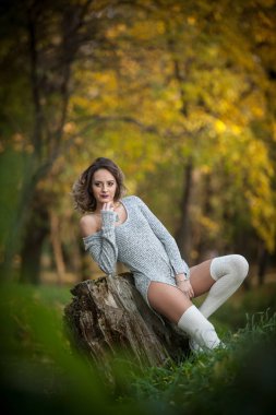 uzun bacakları güdük bir sonbahar sahne üzerinde oturan şehvetli kız. Uzun bacaklar çekici sarışın kıvırcık saçlı rahatlatıcı sonbahar Park. Ormandaki bir güdük poz şık genç kadın.