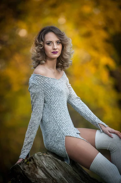 Sensual girl with long legs sitting on a stump in an autumnal scene.Long legs attractive blonde with curly hair relaxing in autumnal park.Fashionable young woman posing on a stump in the forest. — Stock Photo, Image