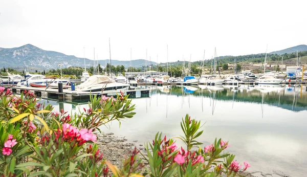 Jachten verankerd in het marina. Zeilboot harbor, veel afgemeerd zeiljachten in de haven aan zee, moderne water vervoer, zomer-vakantie, luxe levensstijl en rijkdom — Stockfoto