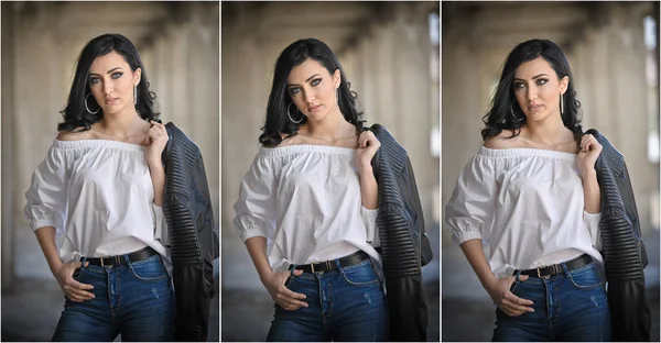 Retrato de hermosa joven sexy con traje negro, chaqueta de cuero sobre lencería, en fondo urbano. Atractiva morena con piernas largas perfectas en tacones altos sandalias de plata posando de moda . — Foto de Stock