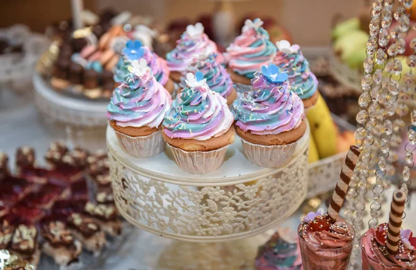 Bröllop Dekoration Med Pastell Färgade Maränger Muffins Cupcakes Och Mandelbiskvier — Stockfoto