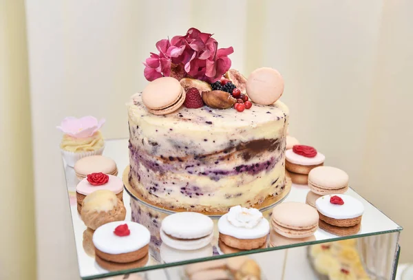 Decoração Casamento Com Cupcakes Coloridos Pastel Merengues Muffins Macaroons Arranjo — Fotografia de Stock